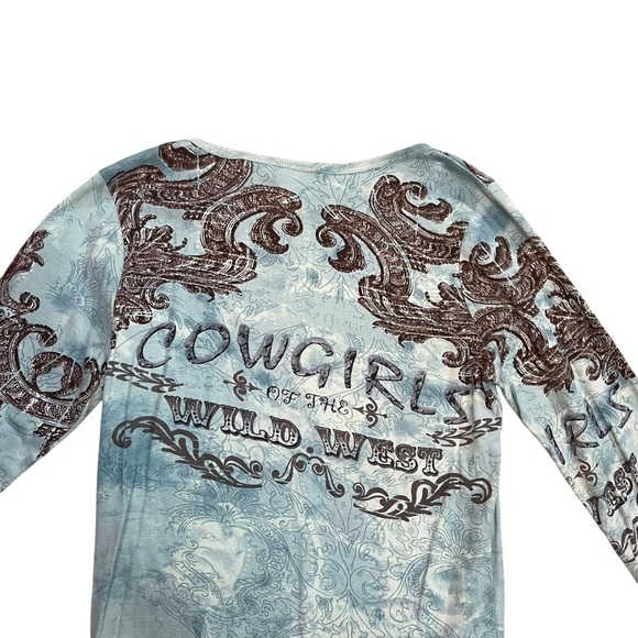 Y2K Vintage Women’s Blue Printed Cowgirls Of The Wild West 3/4 Sleeve T-Shirt - Picture 4 of 5